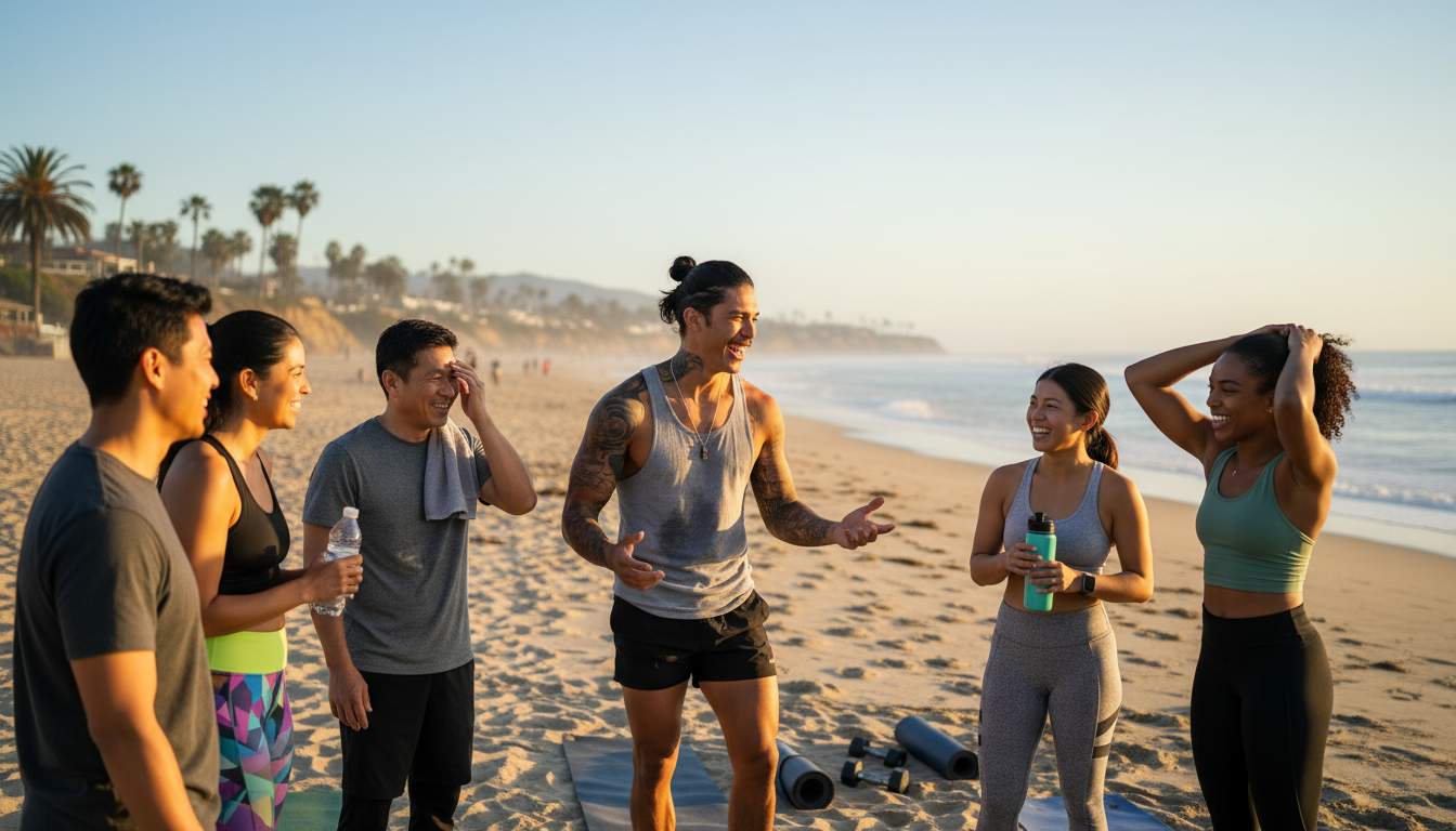 Personal training on the beach at sunset
